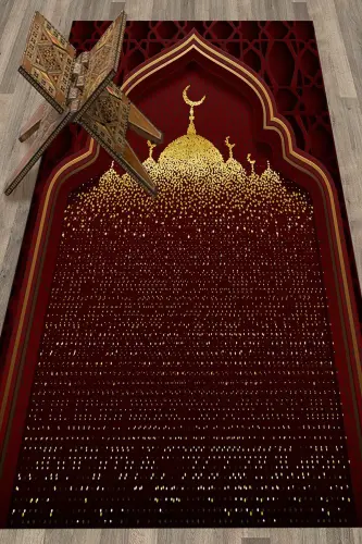Raqamli bosma masjid naqshli yuviladigan naqshli 70x130 namozlik joynamoz - QIZIL - 6