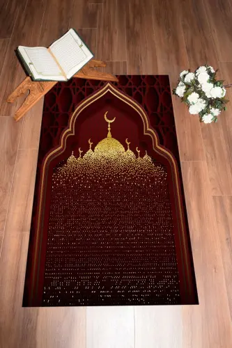 Raqamli bosma masjid naqshli yuviladigan naqshli 70x130 namozlik joynamoz - QIZIL - 8