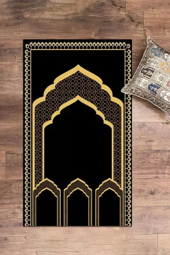 Raqamli bosma Minbar naqshli yuviladigan naqshli 70x130 Namozlik Seccade, Seccade-2-qora,-QORA - 3