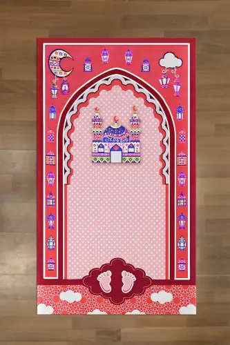 Raqamli bosma naqshli, sirpanmaydigan, yuviladigan, bolalar uchun o'rgatuvchi namozlik joynamozi, JOYNAMOZ-90-QIZIL, -QIZIL 