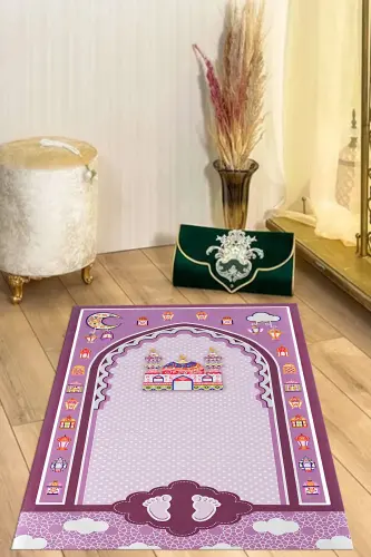 Raqamli bosma naqshli, sirpanmaydigan, yuviladigan, bolalar uchun ta'limiy namozlik joynamozi, SECCADE-90-LILA,-LILA - 7