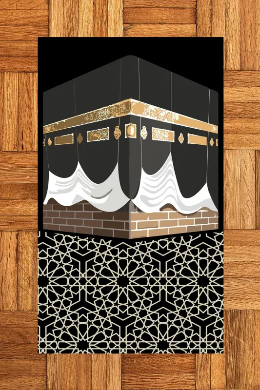 Raqamli bosma naqshli, yuviladigan Ka'ba naqshli esdalik namoz gilami Seccade 70x130cm, SECCADE-47-SİYAH,-SİYAH - 1