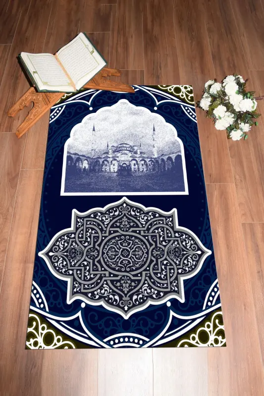 Raqamli bosma naqshli, yuviladigan masjid naqshli sovg'a namoz gilami 70x130, SECCADE-35-MAVI,-MAVI - 2