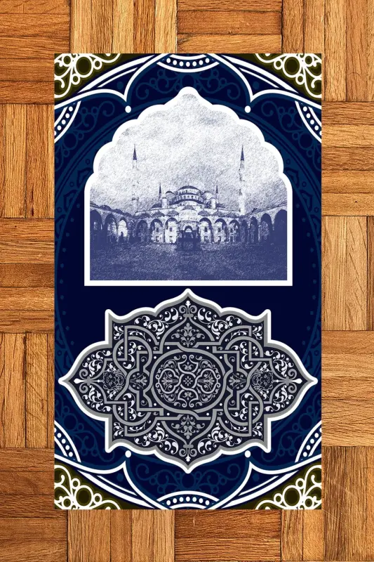 Raqamli bosma naqshli, yuviladigan masjid naqshli sovg'a namoz gilami 70x130, SECCADE-35-MAVI,-MAVI - 3