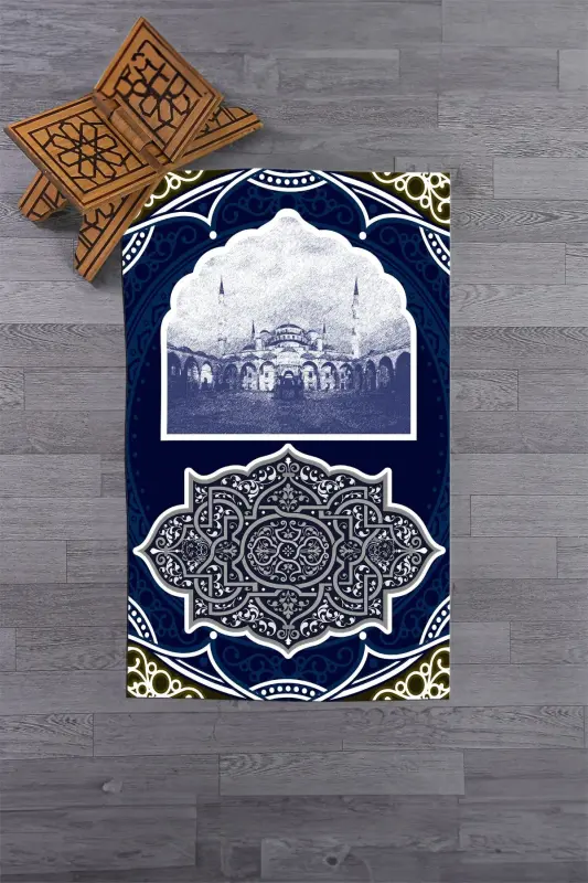 Raqamli bosma naqshli, yuviladigan masjid naqshli sovg'a namoz gilami 70x130, SECCADE-35-MAVI,-MAVI - 5