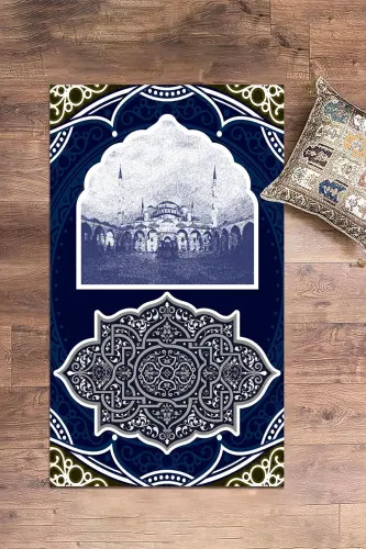Raqamli bosma naqshli, yuviladigan masjid naqshli sovg'a namoz gilami 70x130, SECCADE-35-MAVI,-MAVI - 6