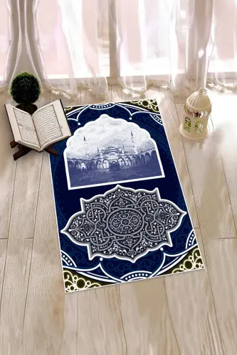 Raqamli bosma naqshli, yuviladigan masjid naqshli sovg'a namoz gilami 70x130, SECCADE-35-MAVI,-MAVI - 7