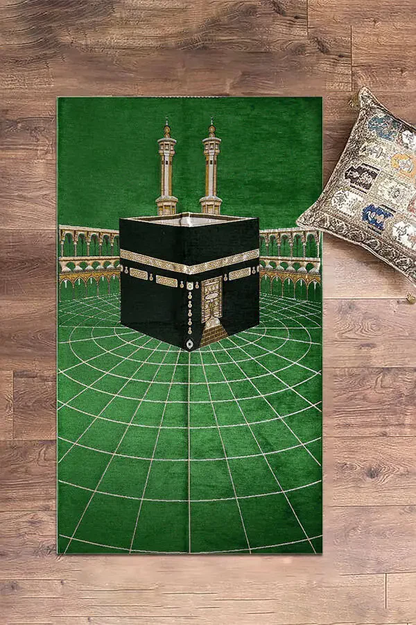 Raqamli bosma Yuviladigan Kaaba Naqshlari Namazlik Gilam 70x130 48 Yashil - 4