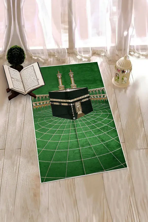 Raqamli bosma Yuviladigan Kaaba Naqshlari Namazlik Gilam 70x130 48 Yashil - 5