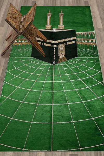 Raqamli bosma Yuviladigan Kaaba Naqshlari Namazlik Gilam 70x130 48 Yashil - 6