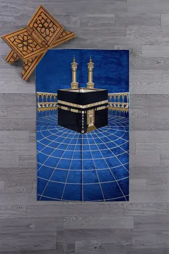Raqamli bosma yuviladigan Kaaba naqshli zamonaviy dizayn Namoz gilami Seccade 70x130, Seccade-48-ko'k, -KO'K - 3