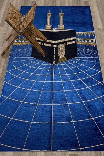 Raqamli bosma yuviladigan Kaaba naqshli zamonaviy dizayn Namoz gilami Seccade 70x130, Seccade-48-ko'k, -KO'K - 6