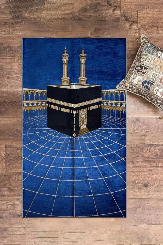 Raqamli bosma yuviladigan Kaaba naqshli zamonaviy dizayn Namoz gilami Seccade 70x130, Seccade-48-ko'k, -KO'K - 5