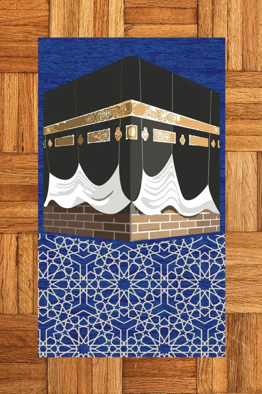 Raqamli bosma yuviladigan Ka'ba naqshli sovg'a namoz gilami 70x130 sm - KO'K - EY HOME