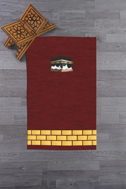 Raqamli bosma yuviladigan Ka'ba naqshli sovg'a namoz gilami seccoda 70x130 - QIZIL - 4