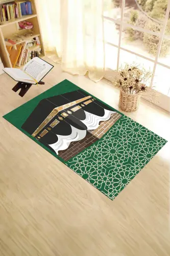 Raqamli bosma yuviladigan Ka'ba naqshli sovg'a namoz gilami seccoda 70x130sm - YASHIL 