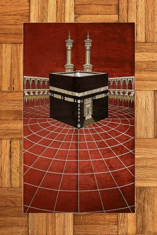 Raqamli bosma yuviladigan Ka'ba naqshli zamonaviy namoz gilami Sajda 70x130, Sajda-48-qizil,-QIZIL - 1