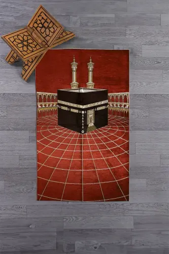 Raqamli bosma yuviladigan Ka'ba naqshli zamonaviy namoz gilami Sajda 70x130, Sajda-48-qizil,-QIZIL - 3