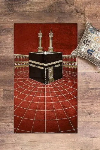 Raqamli bosma yuviladigan Ka'ba naqshli zamonaviy namoz gilami Sajda 70x130, Sajda-48-qizil,-QIZIL - 4