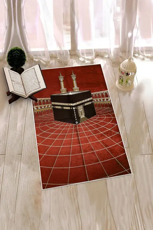 Raqamli bosma yuviladigan Ka'ba naqshli zamonaviy namoz gilami Sajda 70x130, Sajda-48-qizil,-QIZIL - 5