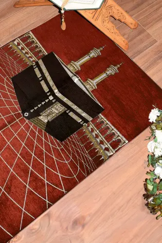Raqamli bosma yuviladigan Ka'ba naqshli zamonaviy namoz gilami Sajda 70x130, Sajda-48-qizil,-QIZIL - 7