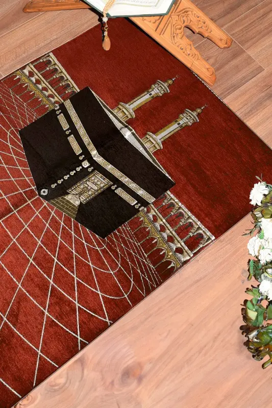 Raqamli bosma yuviladigan Ka'ba naqshli zamonaviy namoz gilami Sajda 70x130, Sajda-48-qizil,-QIZIL - 7