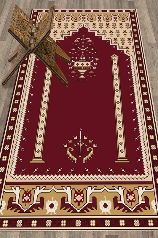 Raqamli bosma yuviladigan klassik naqshli namozgoh joynamoz 70x130 - BORDO - 1