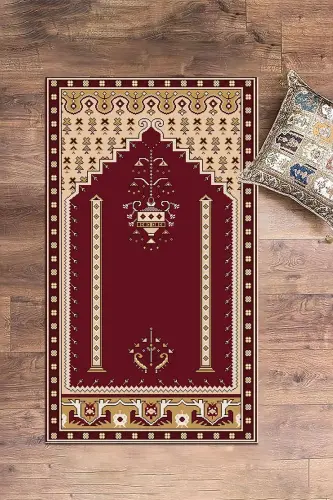 Raqamli bosma yuviladigan klassik naqshli namozgoh joynamoz 70x130 - BORDO - 8