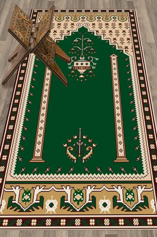 Raqamli bosma yuviladigan klassik naqshli namozgoh joynamoz 70x130 - YASHIL - 1