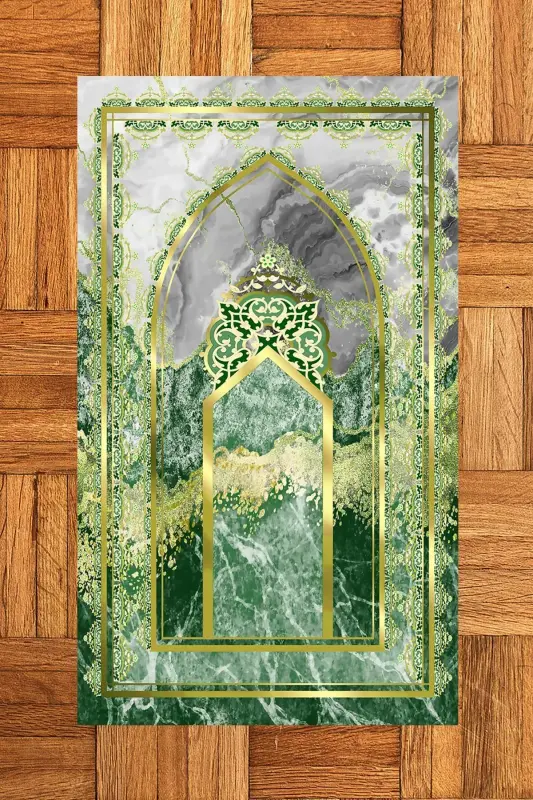 Raqamli bosma yuviladigan marmar naqshli namozlik joynamoz 70x130 - YASHIL - 4