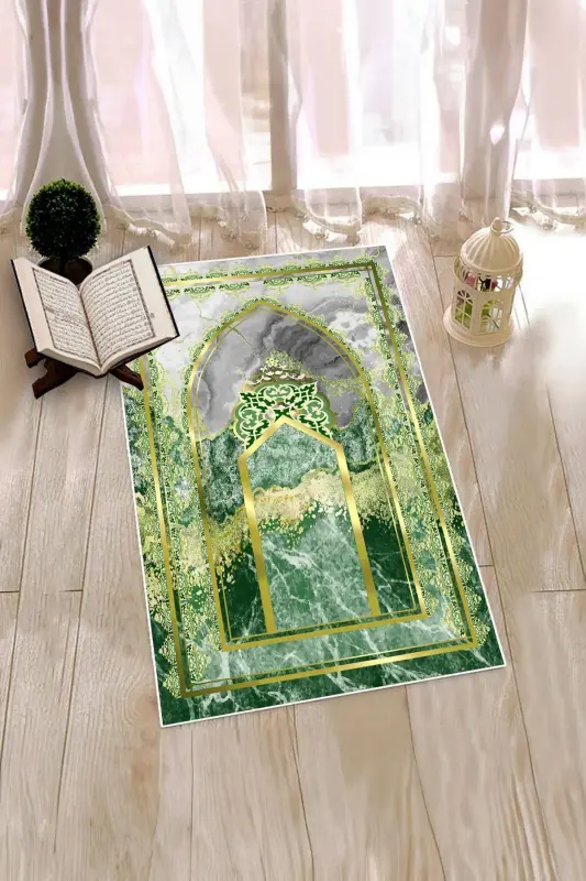 Raqamli bosma yuviladigan marmar naqshli namozlik joynamoz 70x130 - YASHIL - 8