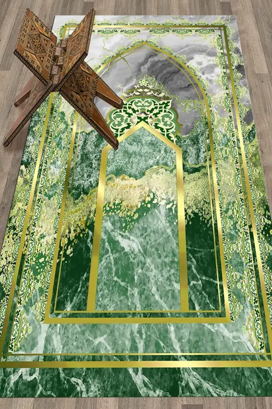 Raqamli bosma yuviladigan marmar naqshli namozlik joynamoz 70x130 - YASHIL - 9