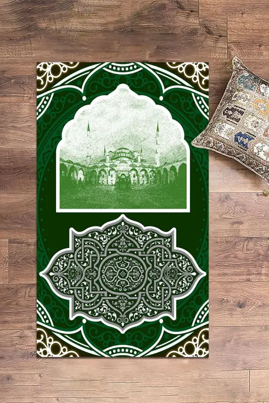 Raqamli bosma yuviladigan masjid naqshli sovg'a namozlik joynamozi 70x130, JOYNAMOZ-35-YASHIL,-YASHIL - 6