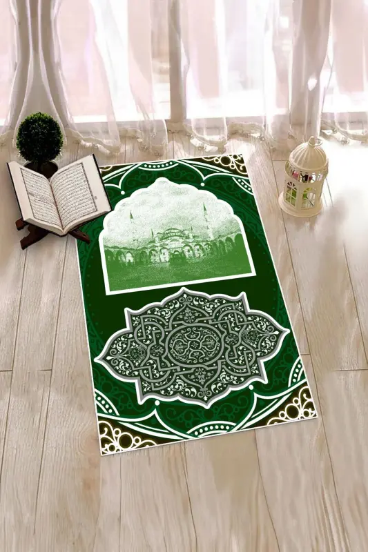 Raqamli bosma yuviladigan masjid naqshli sovg'a namozlik joynamozi 70x130, JOYNAMOZ-35-YASHIL,-YASHIL - 7