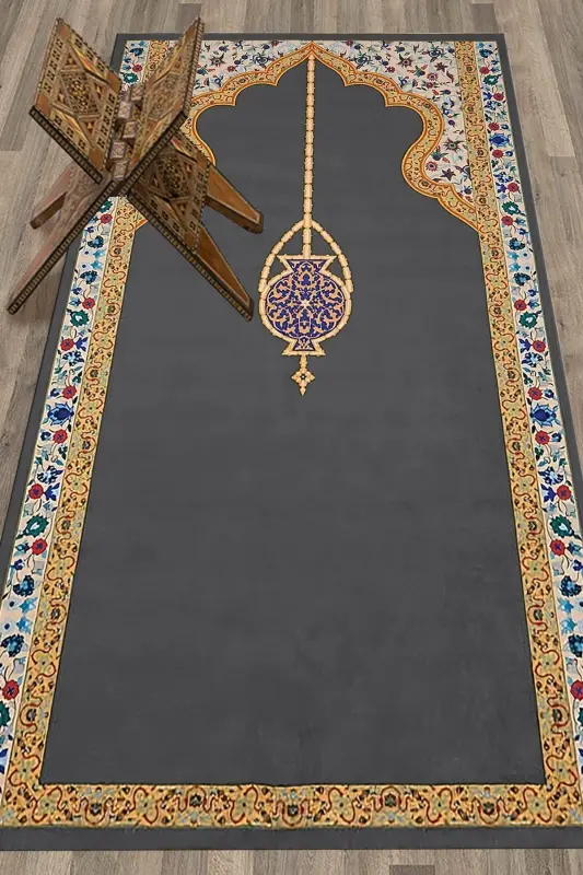 Raqamli bosma yuviladigan nafis naqshli namozgoh joynamoz 70x130 sm - KULRANG - 4