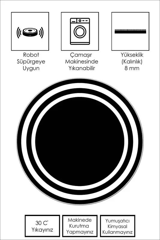 Raqamli bosma Yuviladigan sirpanmaydigan taglik Dog 'tutmaydigan dumaloq oshxona gilami va yashash xonasi gilami-qora - 2