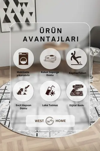 Raqamli bosma Yuviladigan Sirpanmaydigan taglik Yumaloq oshxona gilami Mehmonxona gilami va yo'lak-kulrang - 3