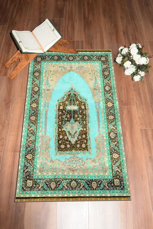 Raqamli bosma yuviladigan sovg'a klassik namoz gilamchasi 70x130cm, SECCADE-33-TURKUAZ,-TURKUAZ - 2