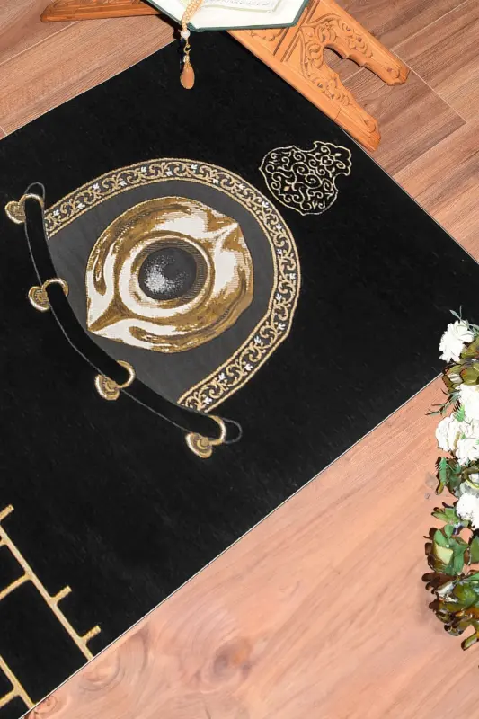Raqamli bosma yuviladigan zamonaviy dizayn Namoz gilami Seccade 70x130cm, Seccade-49-qora,-QORA - 7