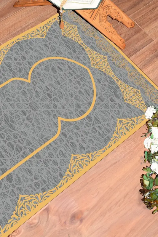 Raqamli bosma yuviladigan zamonaviy naqshli namoz gilami 70x130 sm, Gilam-16-kulrang,-KULRANG - 4