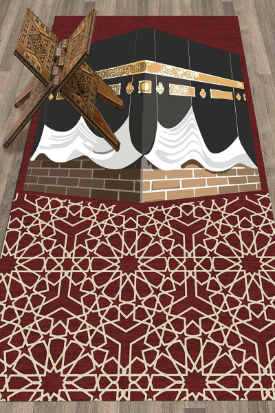 Raqamli chop etilgan yuvilishi mumkin Ka'ba naqshlari bilan Esdalik Namoz Gilami 70x130sm, SECADE-47-QIZIL - 12
