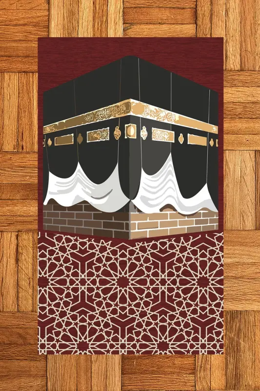 Raqamli chop etilgan yuvilishi mumkin Ka'ba naqshlari bilan Esdalik Namoz Gilami 70x130sm, SECADE-47-QIZIL - 3