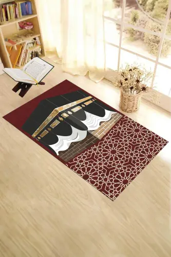 Raqamli chop etilgan yuvilishi mumkin Ka'ba naqshlari bilan Esdalik Namoz Gilami 70x130sm, SECADE-47-QIZIL - 4