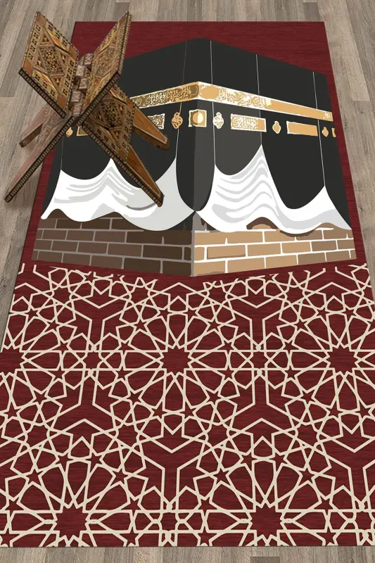 Raqamli chop etilgan yuvilishi mumkin Ka'ba naqshlari bilan Esdalik Namoz Gilami 70x130sm, SECADE-47-QIZIL - 7