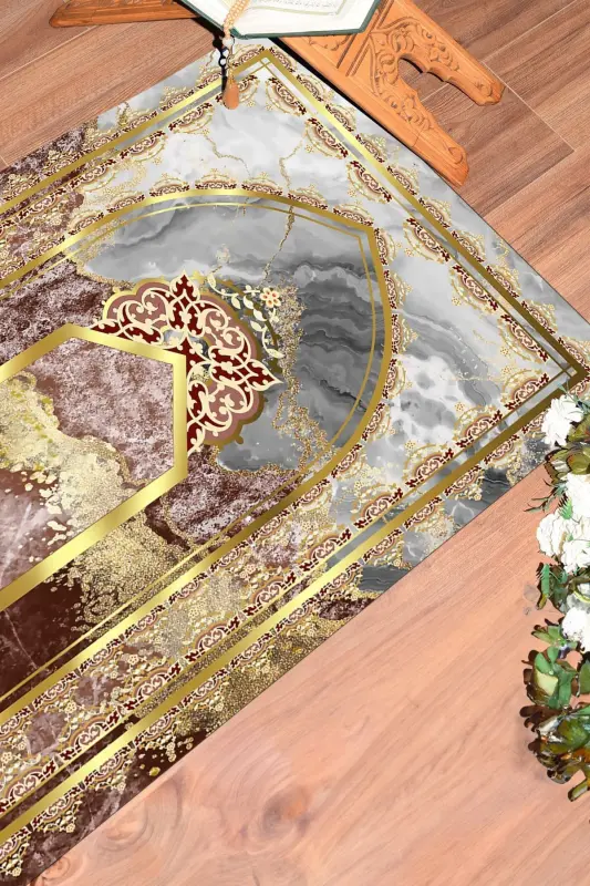 Raqamli chop etilgan yuvilishi mumkin marmar naqshlangan sovg'a namozlik gilamcha 70x130, Seccade-36-qizil - 1