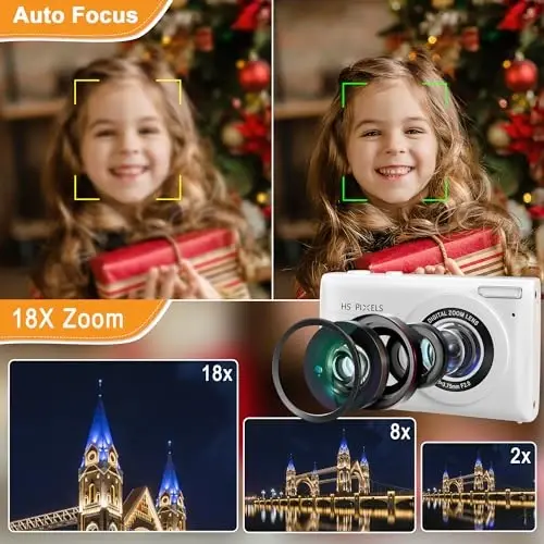 Raqamli kamera avtofokusi, 18 karrali zumli raqamli point and shoot kamera, 32 GB xotira kartali 4K vlogging kamerasi, o‘smirlar va kattalar uchun 64 MPli portativ ixcham kamera, silkinishga qarshi funksiyali. - 3