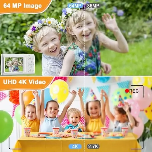 Raqamli kamera avtofokusi, 18 karrali zumli raqamli point and shoot kamera, 32 GB xotira kartali 4K vlogging kamerasi, o‘smirlar va kattalar uchun 64 MPli portativ ixcham kamera, silkinishga qarshi funksiyali. - GWAEPU (1)