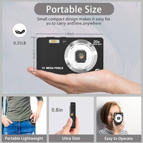 Raqamli kamera, Fotografiya uchun 4K Ultra HD kameralar, 56Mp avtofokusli 20X zumli anti-tebranishli raqamli kompakt kamera, Bolalar, o'smirlar, boshlang'ich darajadagi foydalanuvchilar uchun 32GB SD karta bilan video kamera (Qora) - 6