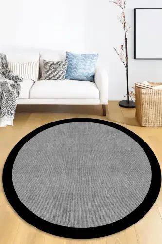 Raqamli sirpanmaydigan, yuviladigan, qora ramkali, jut ko'rinishli kulrang dumaloq zal gilami oshxona gilami-kulrang - 1