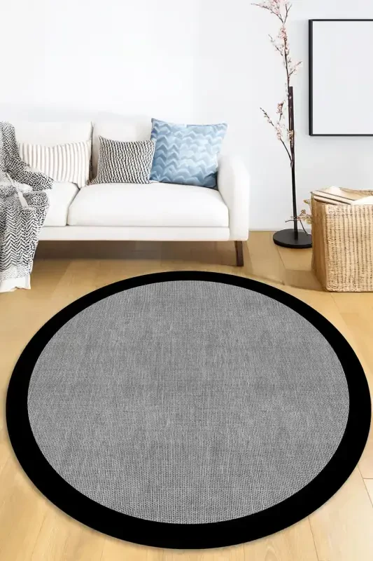 Raqamli sirpanmaydigan, yuviladigan, qora ramkali, jut ko'rinishli kulrang dumaloq zal gilami oshxona gilami-kulrang - DECOMIA HOME